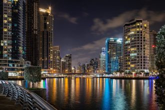 Horizon de Dubaï avec des gratte-ciels modernes et un ciel bleu