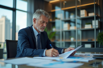 Economiste homme en costume dans un bureau moderne