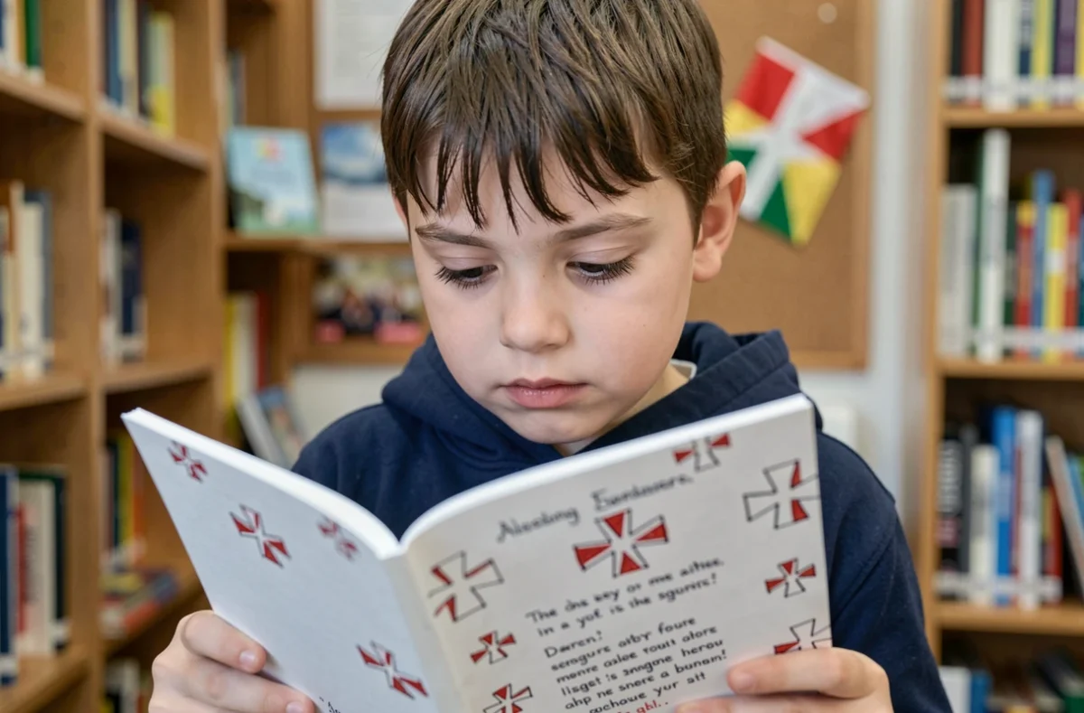 Jeune garçon découvrant les paroles de La Strasbourgeoise dans un coin lecture de bibliothèque scolaire