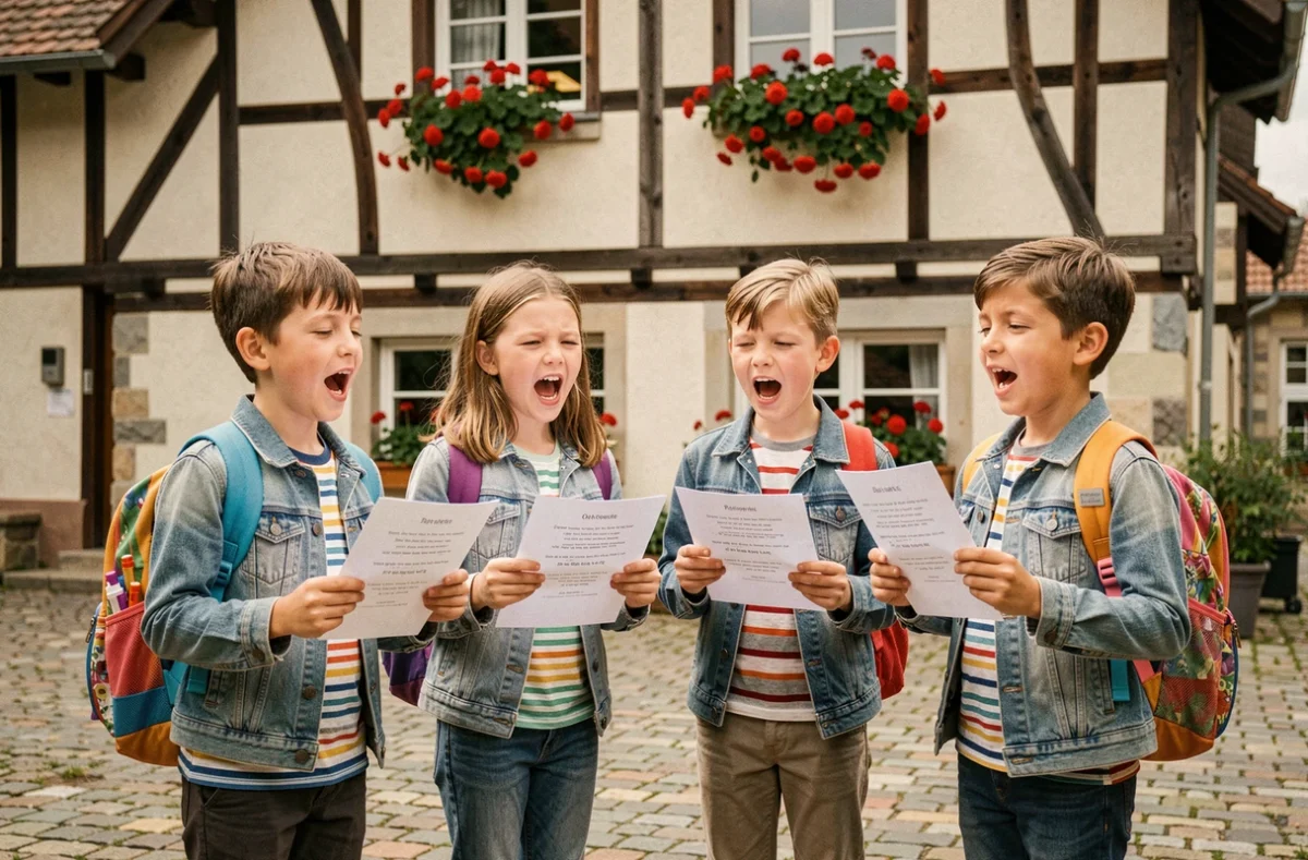 Groupe d'enfants chantant La Strasbourgeoise dans une cour d'école alsacienne avec des maisons à colombages en arrière-plan