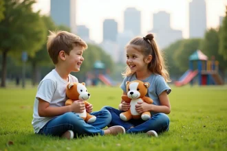 Deux enfants jouent avec des peluches dans un parc urbain