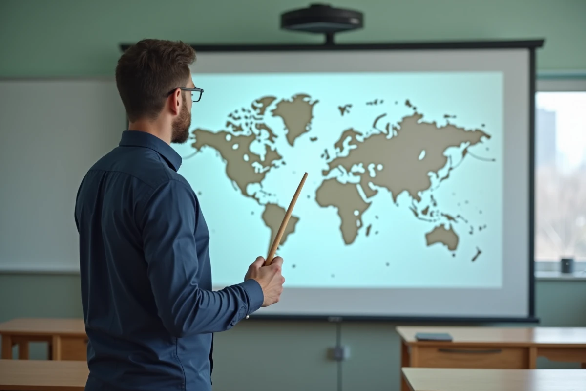 Enseignant présentant une carte du monde vierge projetée sur tableau blanc dans une salle de classe moderne