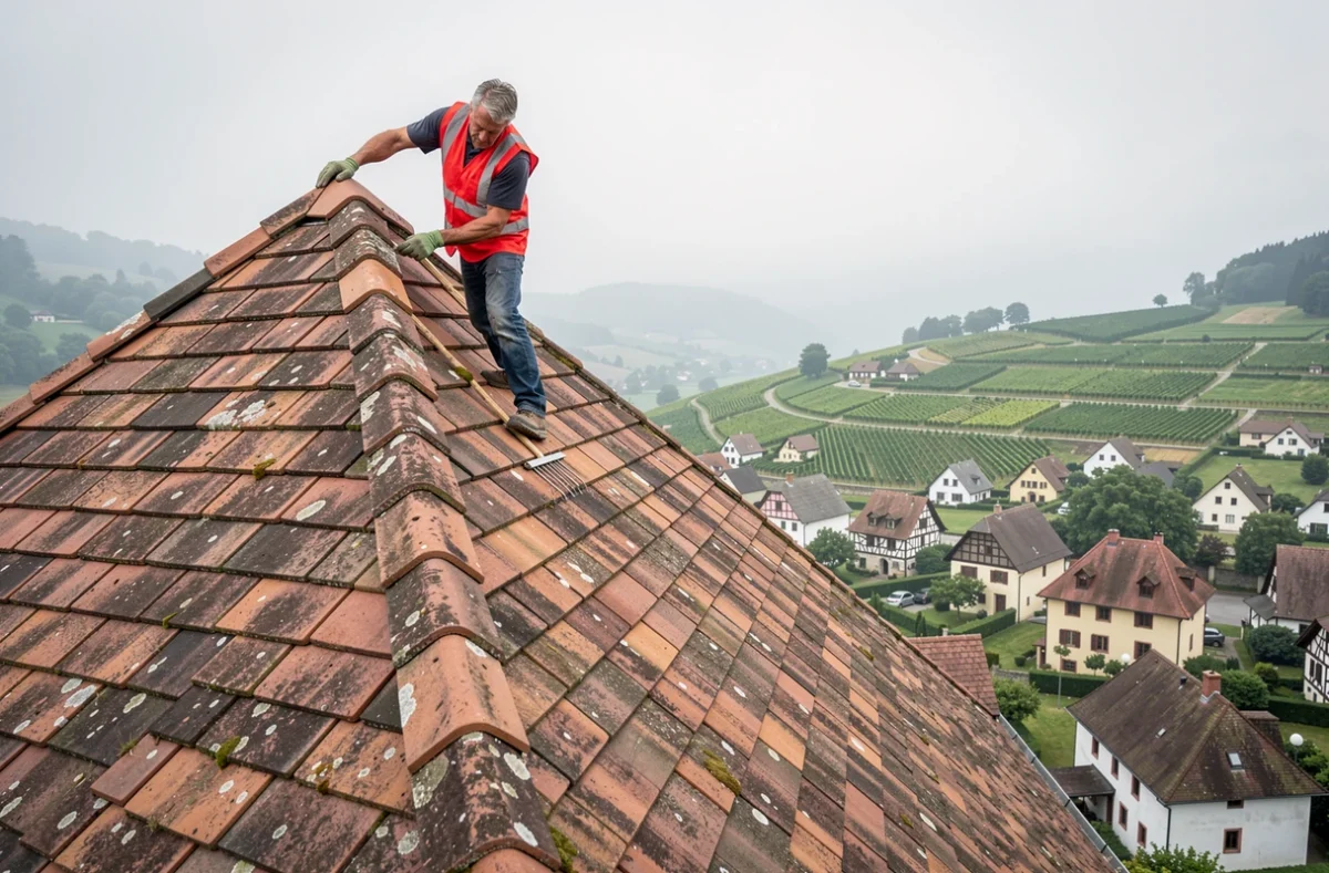 Couvreur fixant les faîtières d'un toit traditionnel alsacien avec vue sur les vignobles du Haut-Rhin