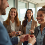Groupe de professionnels souriants recevant des clés de maison