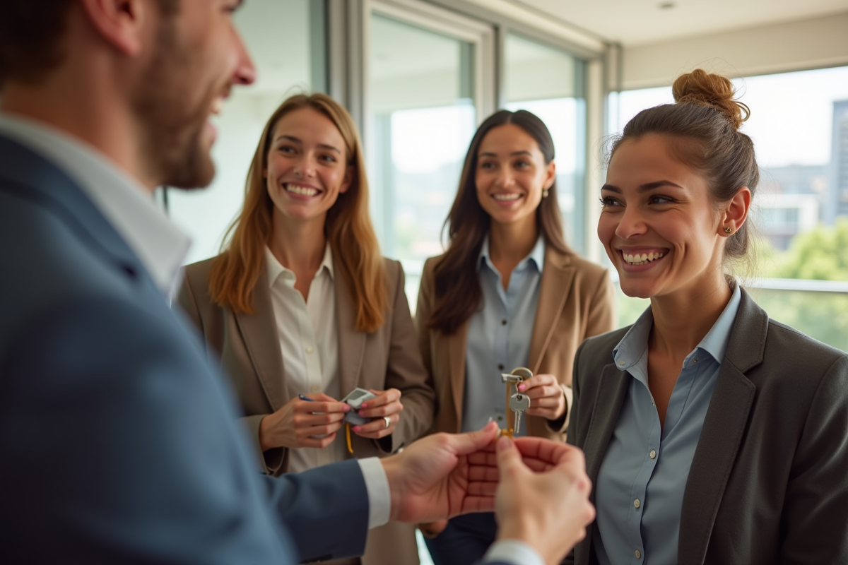 Groupe de professionnels souriants recevant des clés de maison