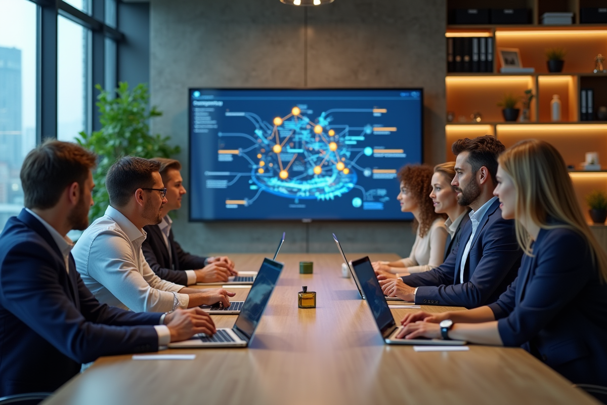 Groupe de professionnels collaborant autour d'une table avec diagrammes blockchain