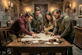 Groupe de joueurs concentrés dans un escape game médiéval en Bourgogne-Franche-Comté, entourés d'énigmes et de cadenas vintage