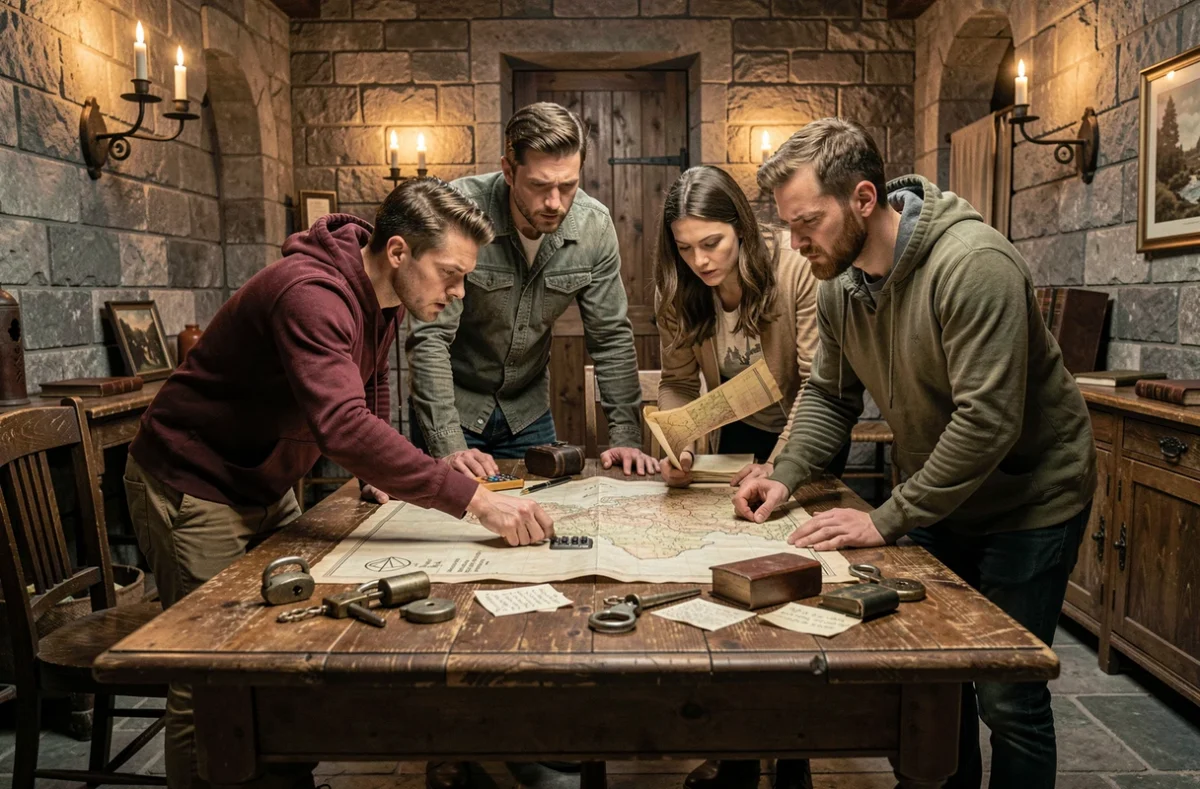 Groupe de joueurs concentrés dans un escape game médiéval en Bourgogne-Franche-Comté, entourés d'énigmes et de cadenas vintage