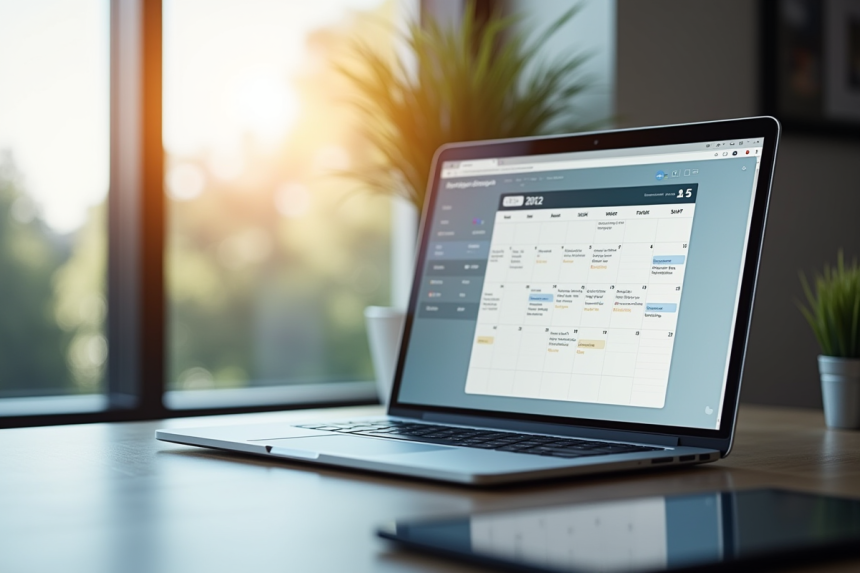 Espace de travail moderne avec calendrier digital sur un ordinateur
