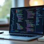 Espace de travail moderne avec code IA et diagrammes neuronaux