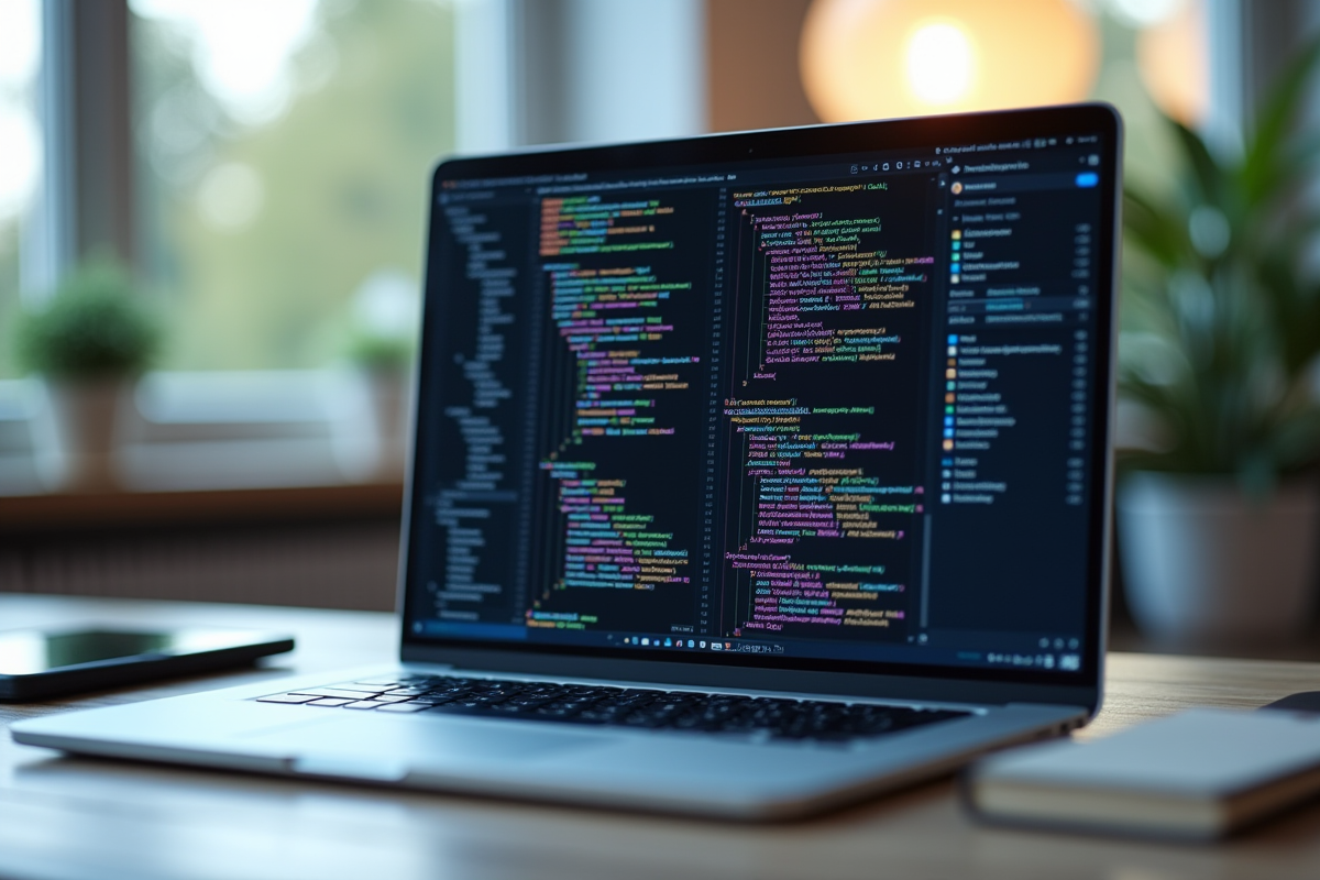 Espace de travail moderne avec code IA et diagrammes neuronaux