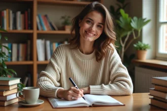 Jeune femme étudiant la conjugaison française dans un bureau cosy avec un cahier de grammaire ouvert