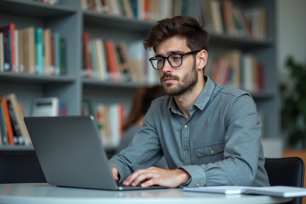 Étudiant utilisant un outil de correction en ligne sur un ordinateur portable dans une bibliothèque universitaire moderne, symbolisant l'usage de Reverso pour améliorer les copies