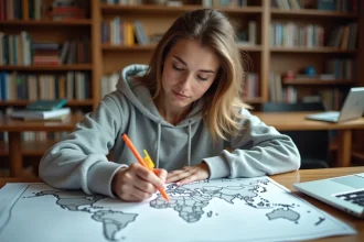 Étudiante personnalisant une carte du monde vierge imprimée sur un bureau de bibliothèque universitaire