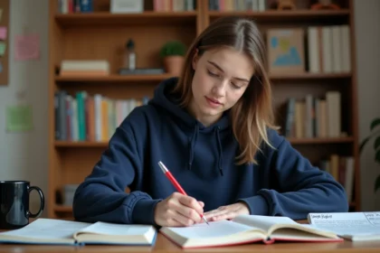 Étudiante universitaire relisant une copie avec un stylo rouge sur un bureau encombré de notes, illustrant la correction de texte avec Reverso