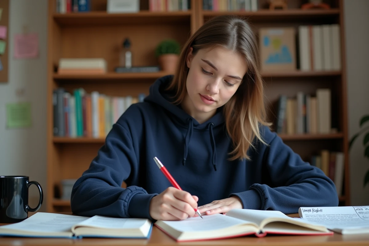 Étudiante universitaire relisant une copie avec un stylo rouge sur un bureau encombré de notes, illustrant la correction de texte avec Reverso