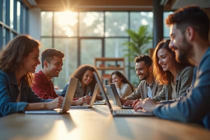 Groupe d'étudiants souriants dans une bibliothèque lumineuse