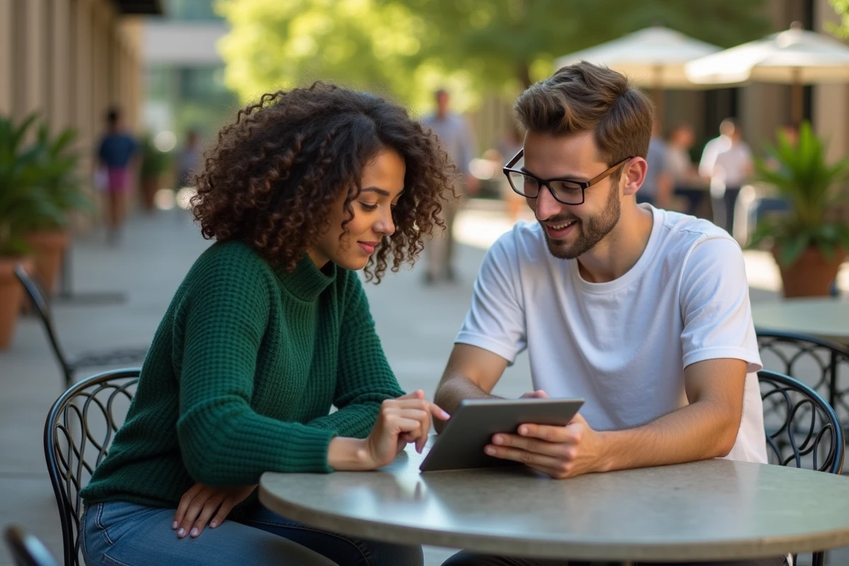 Deux étudiants révisant ensemble une copie sur une tablette numérique en terrasse de campus, illustrant l'utilisation collaborative de Reverso Correction pour améliorer les écrits académiques