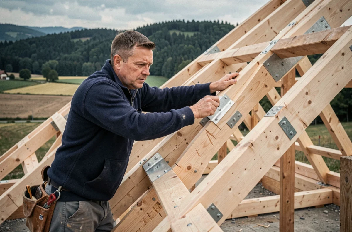 Charpentier couvreur assemblant une ferme de toit en bois sur un chantier rural du Haut-Rhin