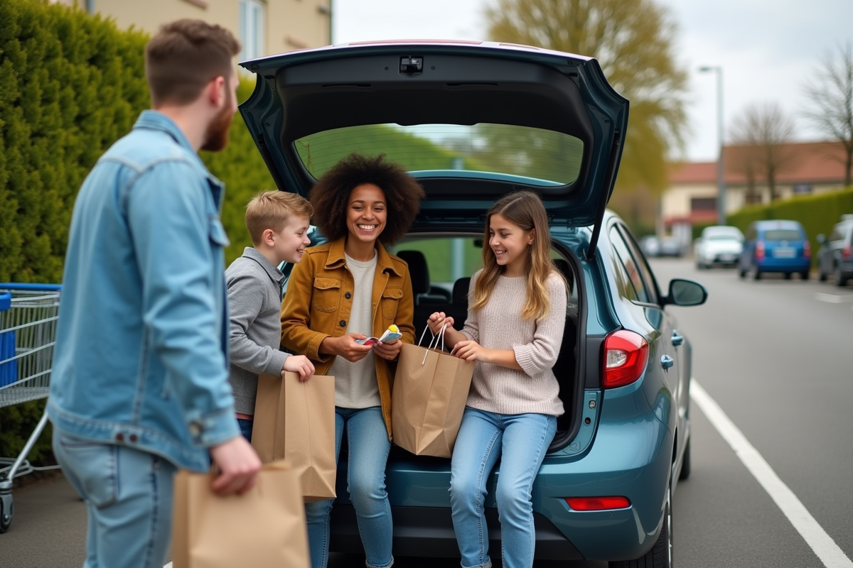 Famille chargant courses dans une voiture en banlieue