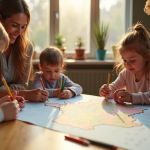 Famille heureuse dessinant la carte de France