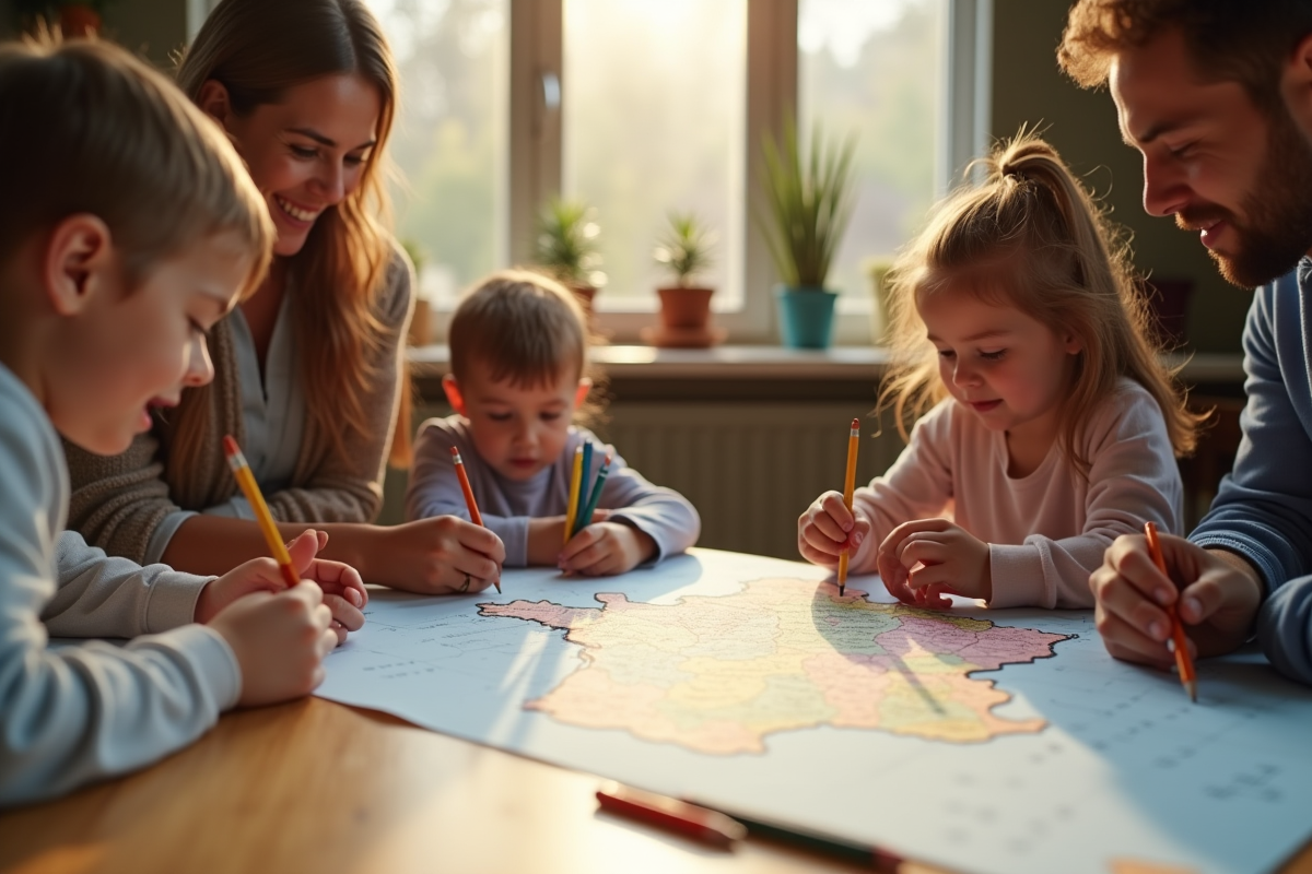 Famille heureuse dessinant la carte de France