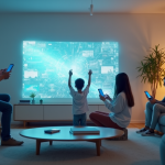 Famille moderne dans un salon lumineux avec appareils futuristes