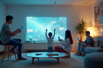 Famille moderne dans un salon lumineux avec appareils futuristes