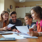 Famille souriante à la table pour les démarches scolaires