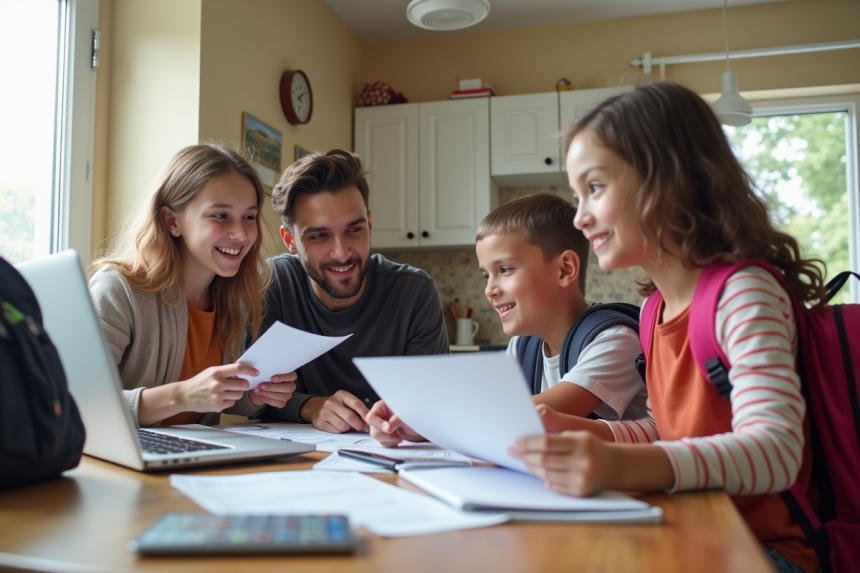 Famille souriante à la table pour les démarches scolaires
