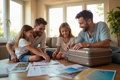 Famille souriante préparant ses valises dans un salon lumineux