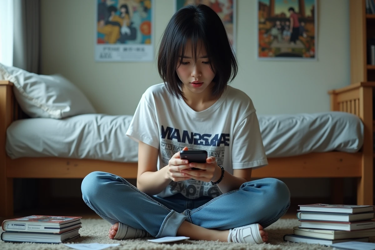Jeune femme fan de manga consultant les réactions de la communauté en ligne sur le scan 286 de One Punch Man
