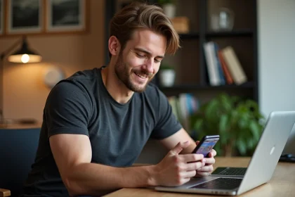 Jeune homme consultant les réseaux sociaux d'un fan site sur smartphone dans un bureau moderne