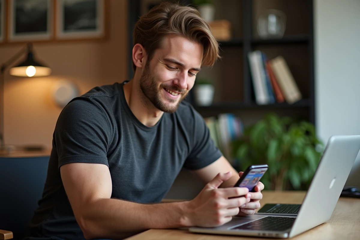 Jeune homme consultant les réseaux sociaux d'un fan site sur smartphone dans un bureau moderne