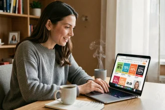 Femme faisant ses achats en ligne lors du Cyber Monday, assise devant son ordinateur portable avec un café et des notes de promotions