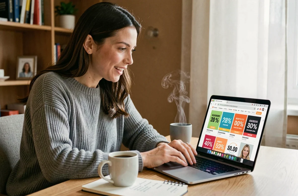 Femme faisant ses achats en ligne lors du Cyber Monday, assise devant son ordinateur portable avec un café et des notes de promotions