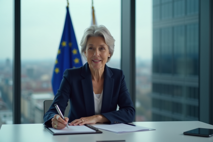 Femme d affaires en costume navy lors d une réunion