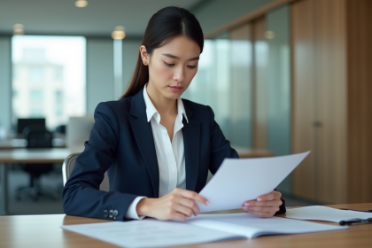 Jeune femme d'affaires en bureau moderne avec documents
