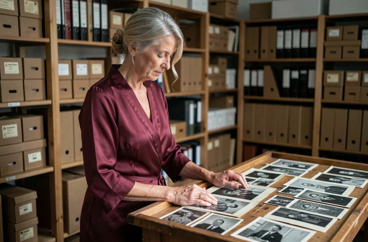Femme aux cheveux argentés consultant d'anciennes photographies noir et blanc sur une table d'archives, atmosphère nostalgique et intime évoquant la redécouverte de photos de Sylvie Vartan