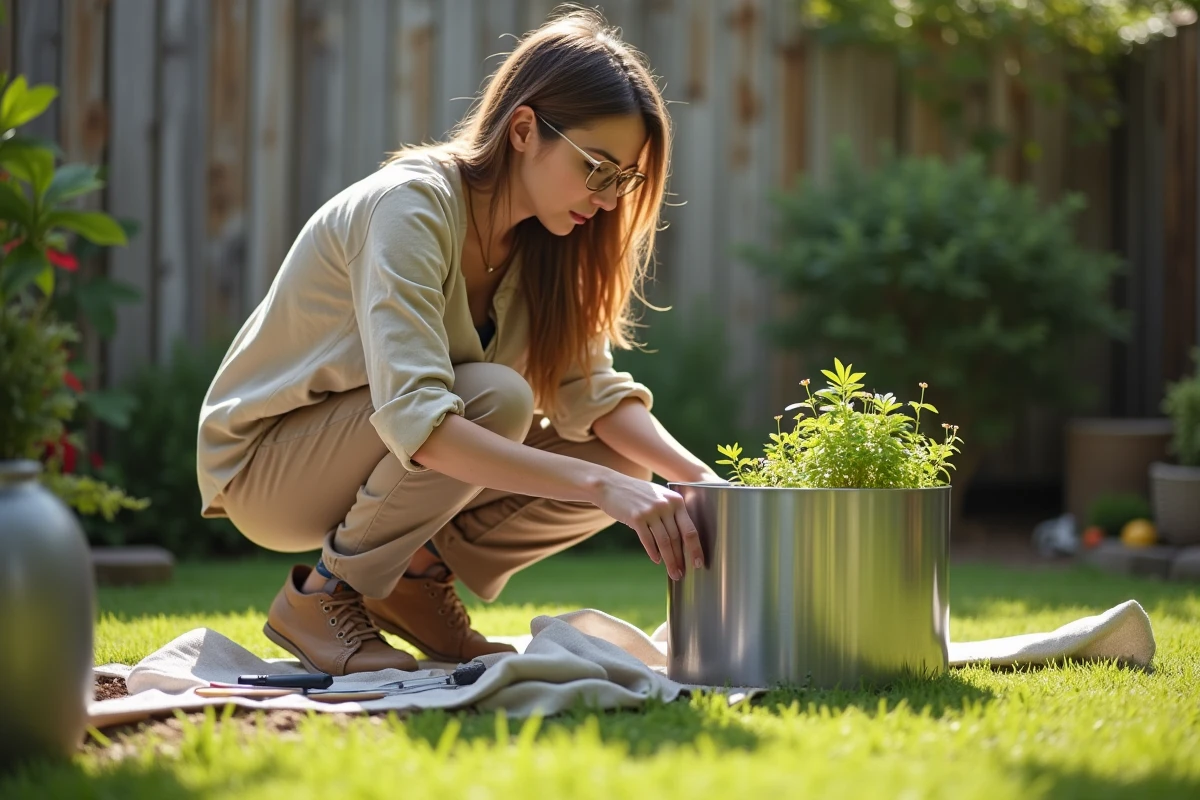 Jeune femme assemblant un potager en acier dans un jardin ensoleille