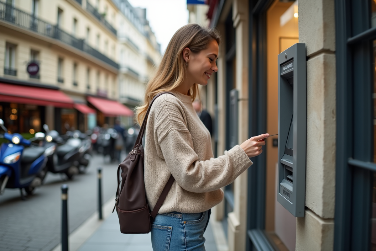 Jeune femme vérifiant son solde à un distributeur à Paris