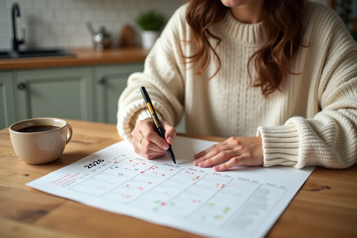 Femme organisant son budget sur un calendrier imprimé 2026 posé sur une table en bois dans une cuisine moderne