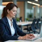 Femme d age moyen travaillant sur ordinateur dans un bureau académique
