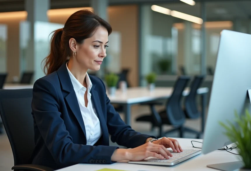 Femme d age moyen travaillant sur ordinateur dans un bureau académique