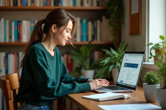 Jeune femme au bureau comparant deux fenêtres de navigateur