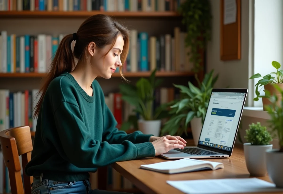 Jeune femme au bureau comparant deux fenêtres de navigateur