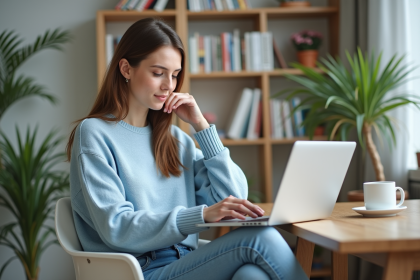 Femme en bureau moderne utilisant un ordinateur portable