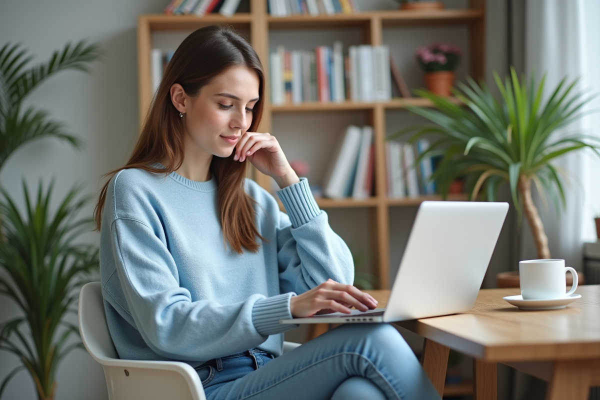 Femme en bureau moderne utilisant un ordinateur portable