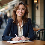 Femme assise dans un café parisien en blazer navy