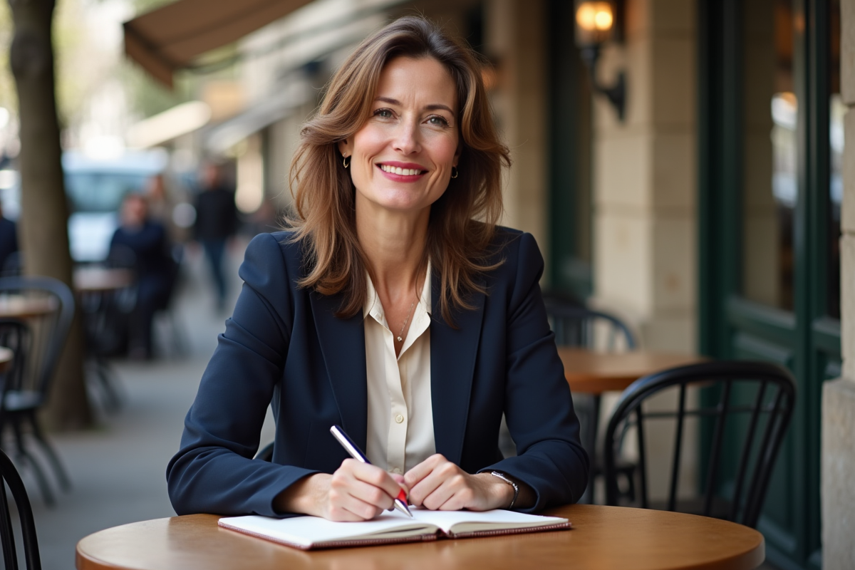 Femme assise dans un café parisien en blazer navy